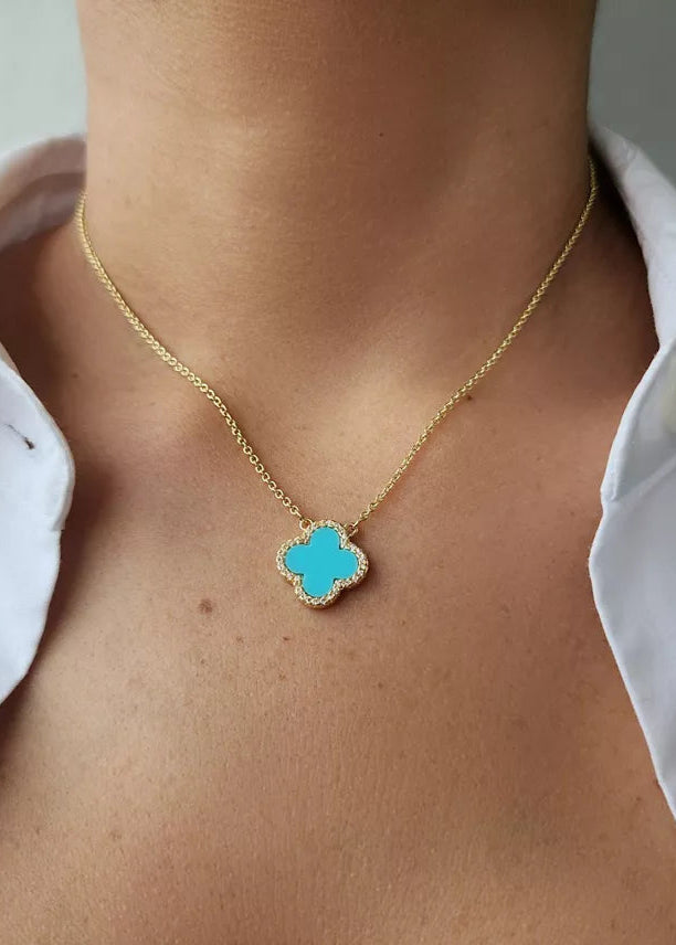 Julia Capri Cubic Zirconia Turquoise Halo Clover Pendant Necklace