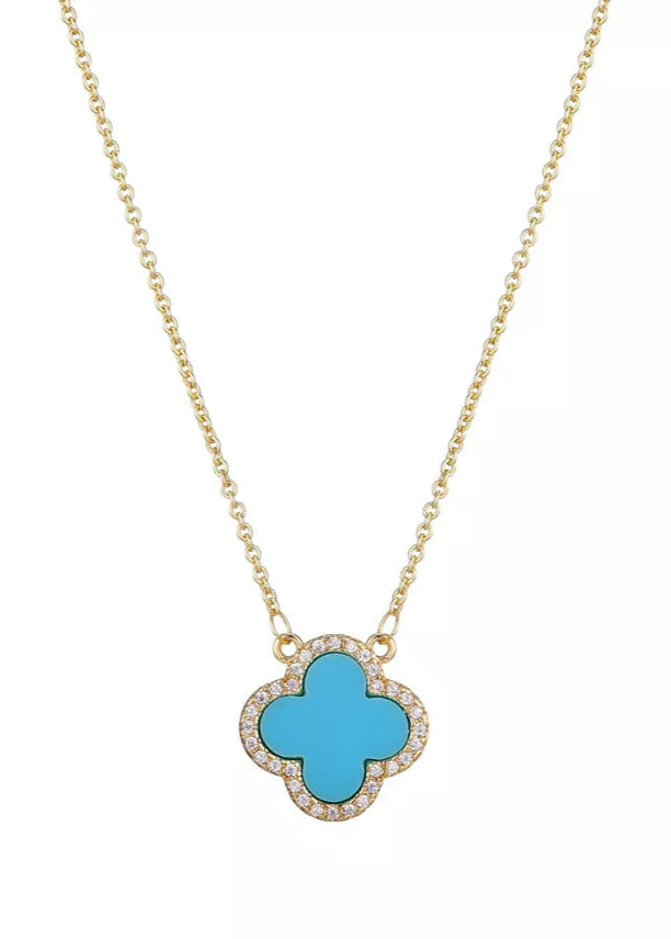 Julia Capri Cubic Zirconia Turquoise Halo Clover Pendant Necklace