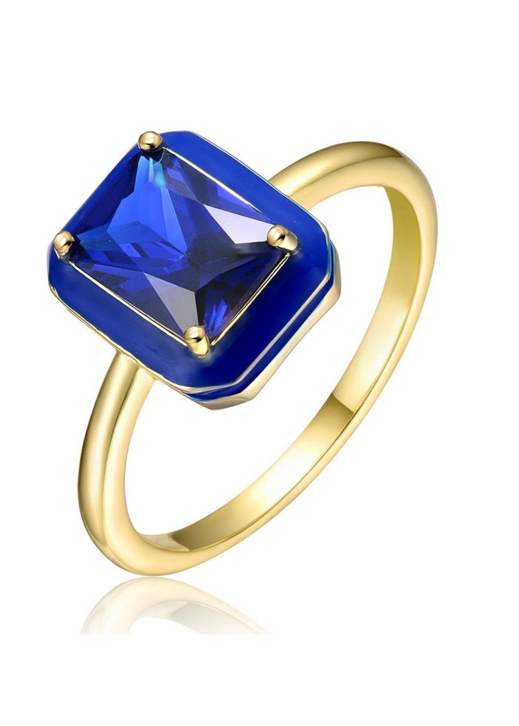 Julia Capri 14k Yellow Gold Plated with Blue Cubic Zirconia Blue Enamel Radiant Halo Ring