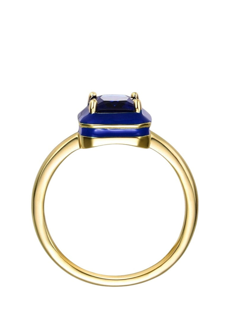 Julia Capri 14k Yellow Gold Plated with Blue Cubic Zirconia Blue Enamel Radiant Halo Ring