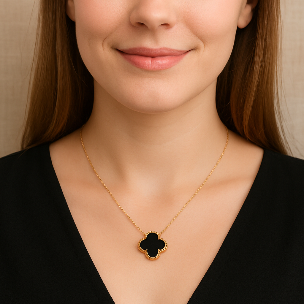 Julia Capri Black Clover Halo 14K Yellow Gold Plated Pendant Necklace