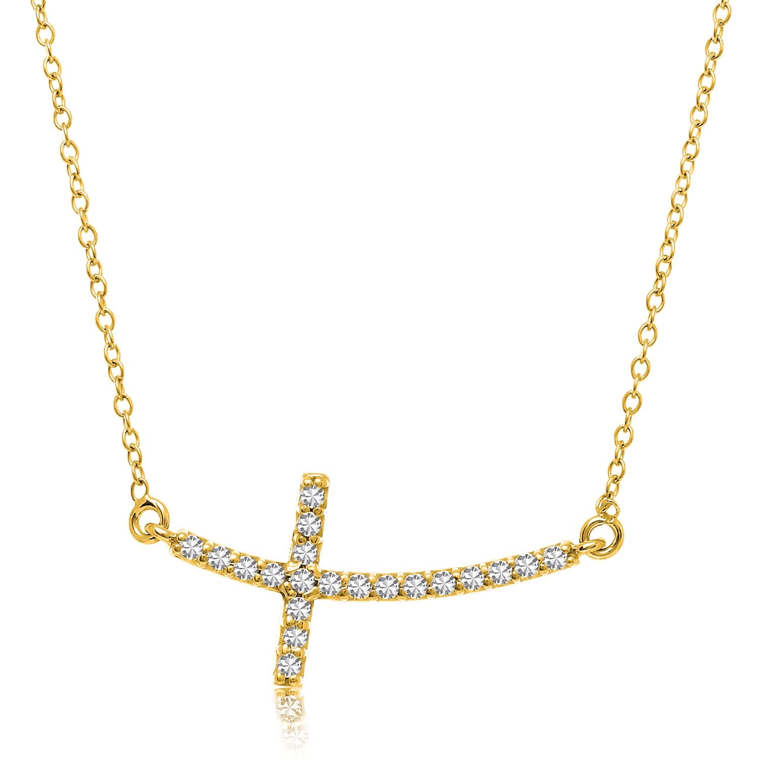 14k Yellow Gold Curved Cross Diamond Accented Necklace (.21cttw)