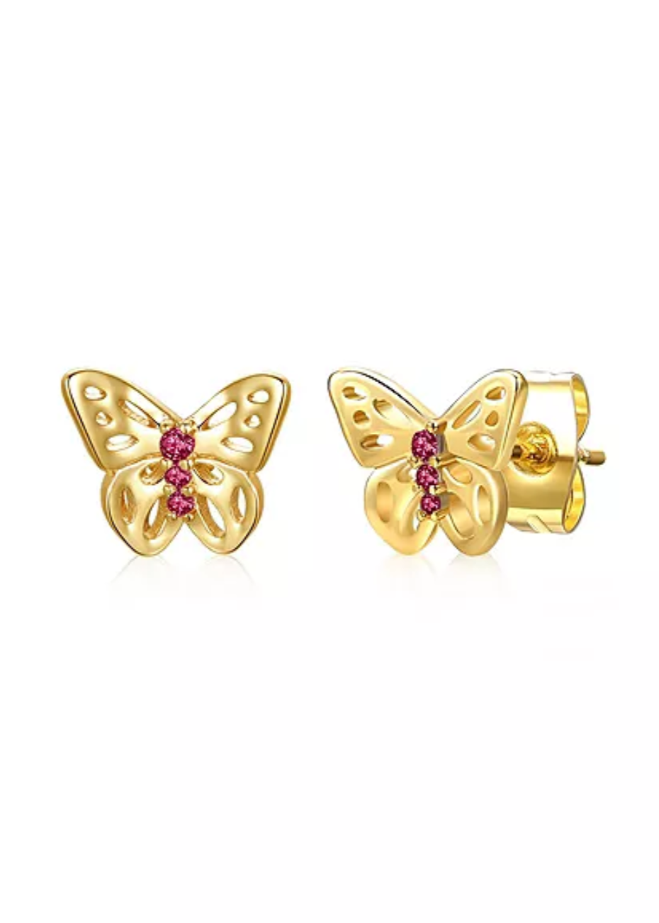 Julia Capri Enchanting 14k Yellow Gold Plated 3-Stone Filigree Butterfly Stud Earrings with Cubic Zirconia