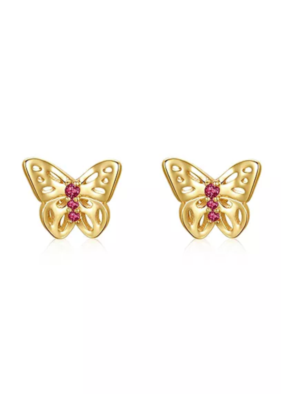 Julia Capri Enchanting 14k Yellow Gold Plated 3-Stone Filigree Butterfly Stud Earrings with Cubic Zirconia