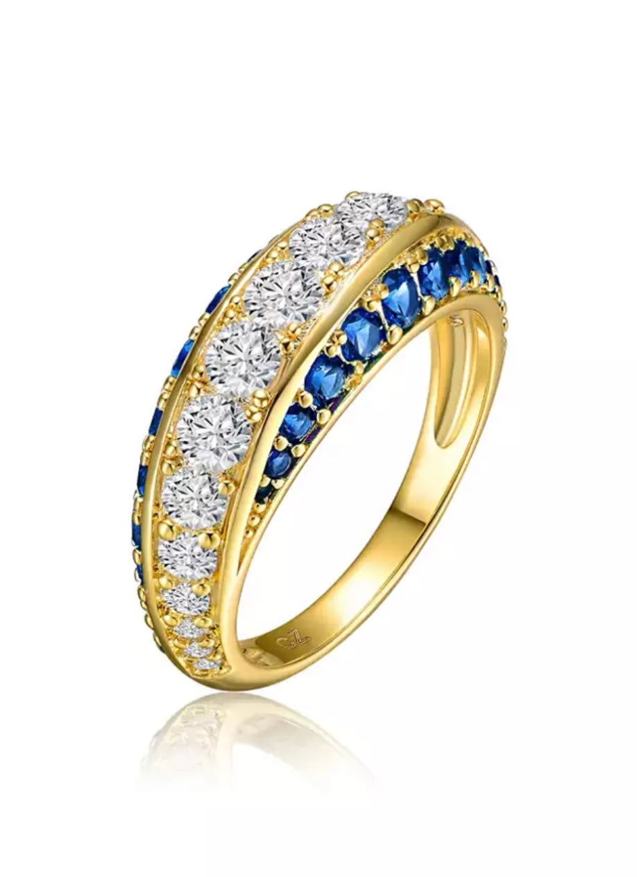 Julia Capri Gold-Plated with Blue Cubic Zirconia Chevron Tower Slender Stacking Ring in Sterling Silver