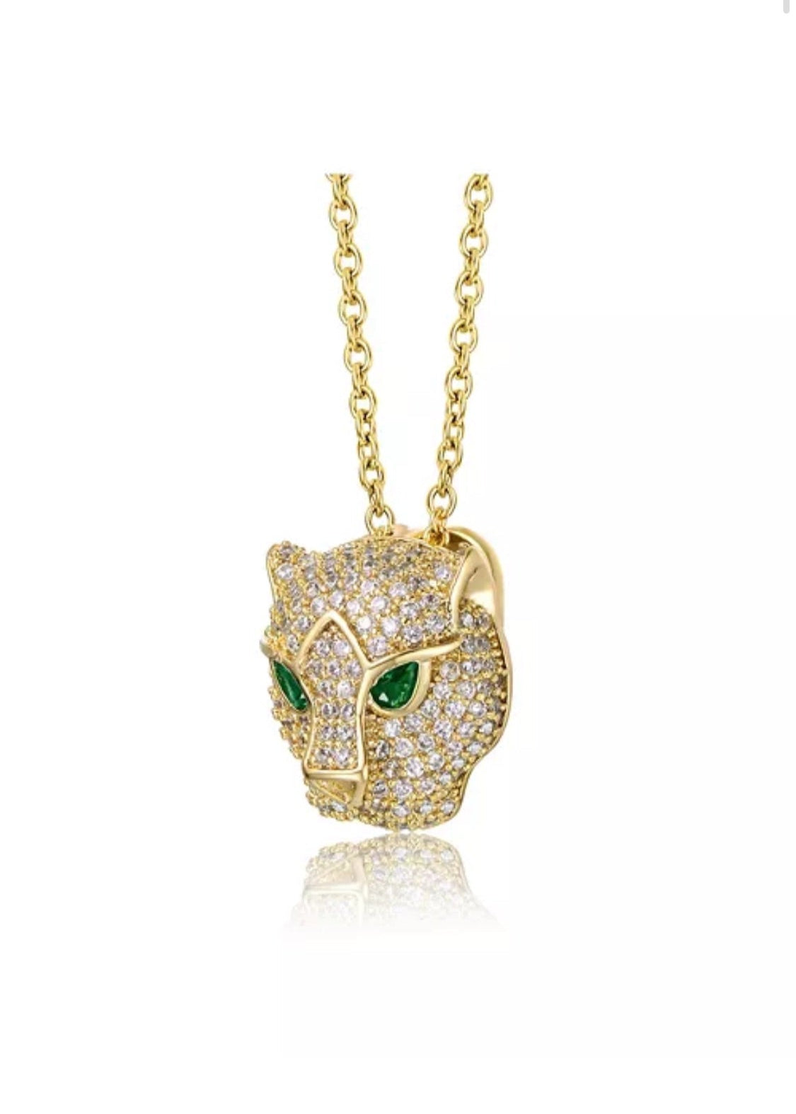 Julia Capri 14k Yellow Gold Plated with Green & Cubic Zirconia 3D Panther Head Pendant Layering Necklace