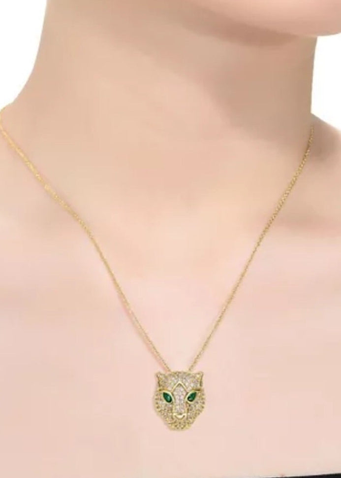 Julia Capri 14k Yellow Gold Plated with Green & Cubic Zirconia 3D Panther Head Pendant Layering Necklace