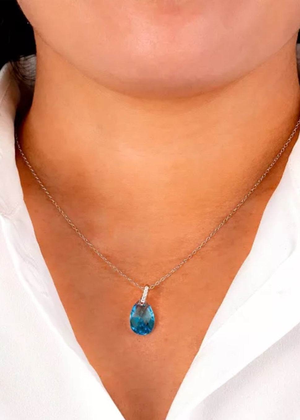 Julia Capri Fine Crystal and Cubic Zirconia 18" Teardrop Pendant in Sterling Silver