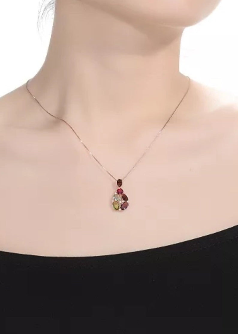 Julia Capri Sterling Silver 18K Rose Gold Plated Multicolored Cubic Zirconia Accent Pendant Necklace