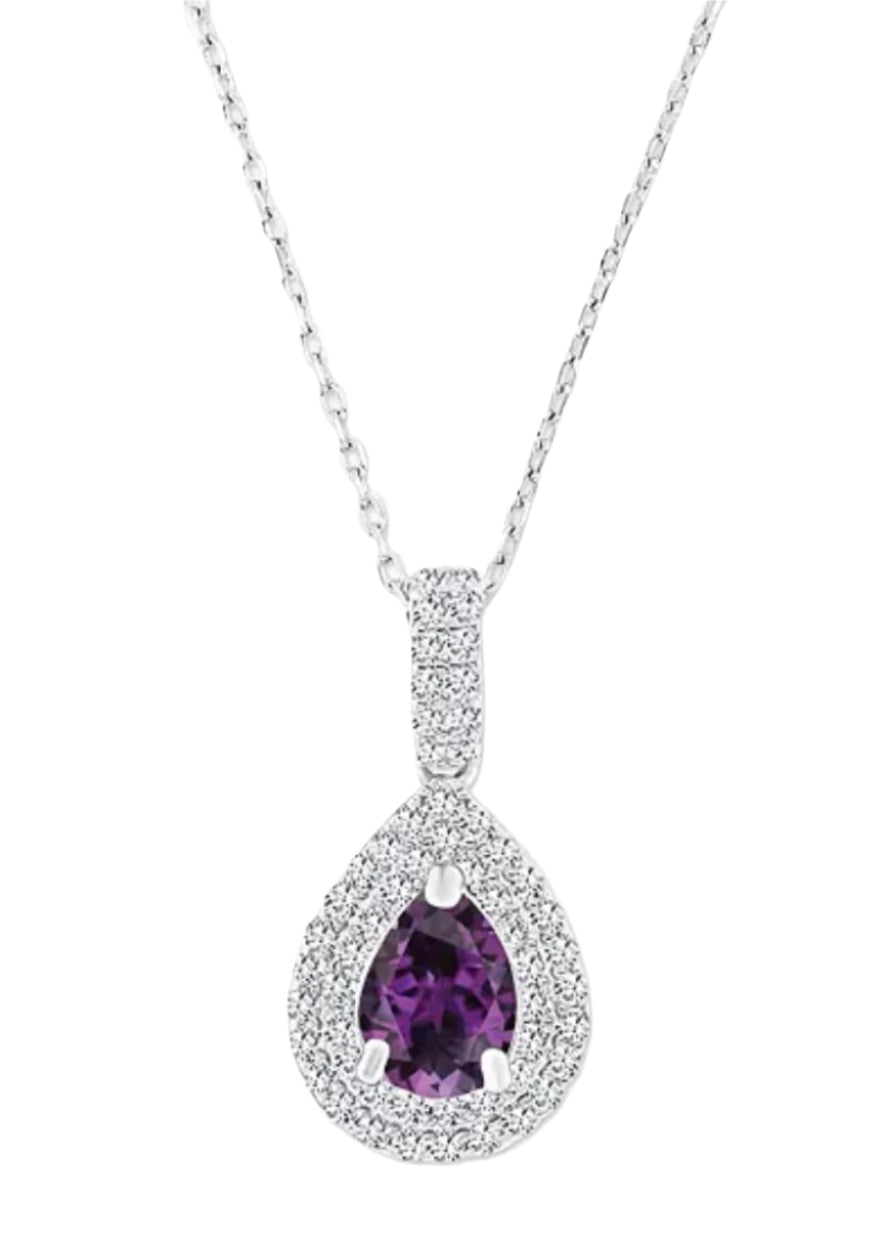 Julia Capri Amethyst (5/8 ct. t.w.) & Lab-Grown White Sapphire (1/2 ct. t.w.) Teardrop Halo Birthstone Pendant Necklace in Sterling Silver, 16" + 2" extender
