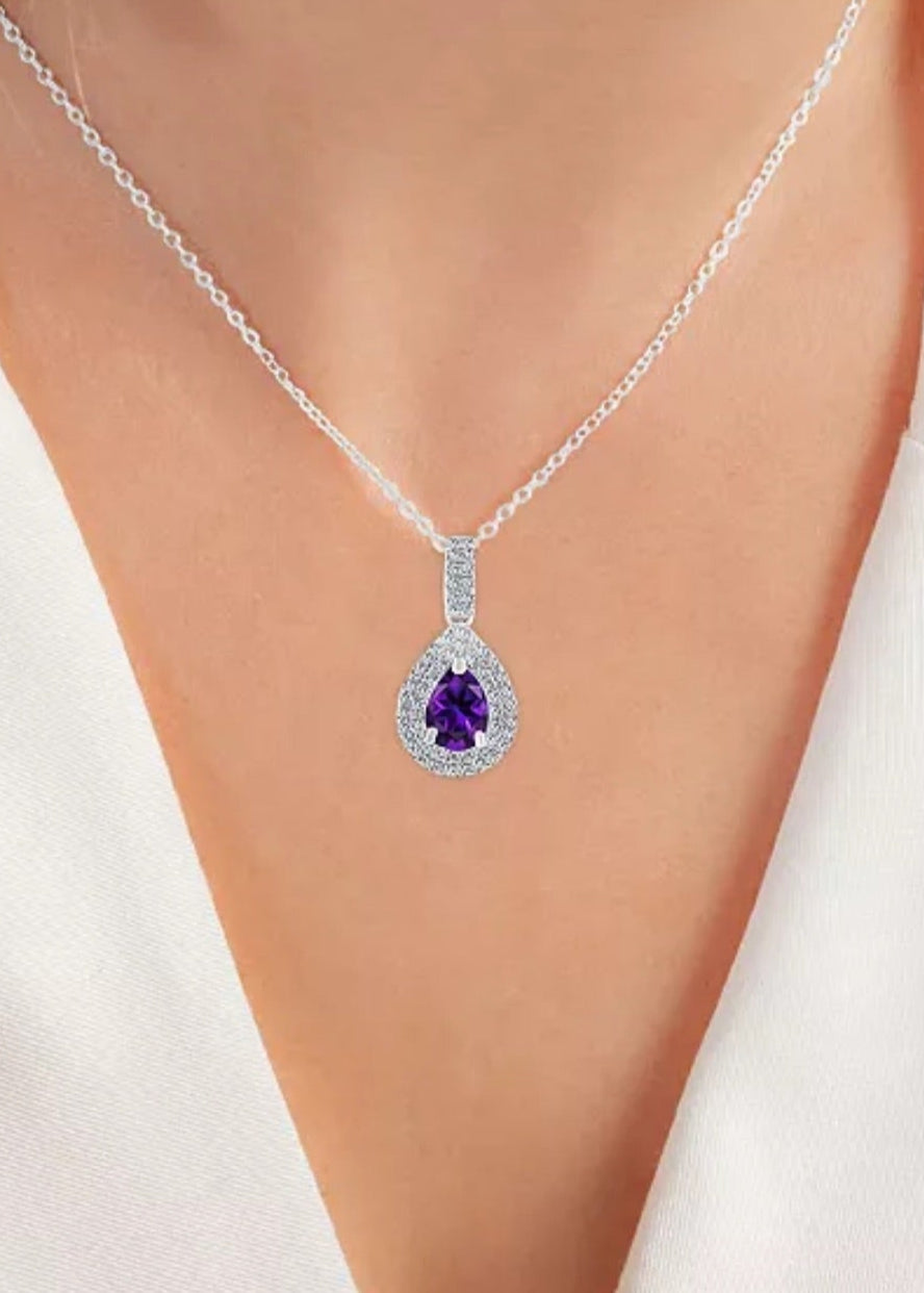 Julia Capri Amethyst (5/8 ct. t.w.) & Lab-Grown White Sapphire (1/2 ct. t.w.) Teardrop Halo Birthstone Pendant Necklace in Sterling Silver, 16" + 2" extender
