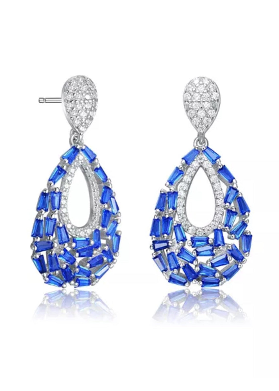 Julia Capri Captivating Sterling Silver Pear Shape Drop Earrings with Baguette and Round Cubic Zirconia