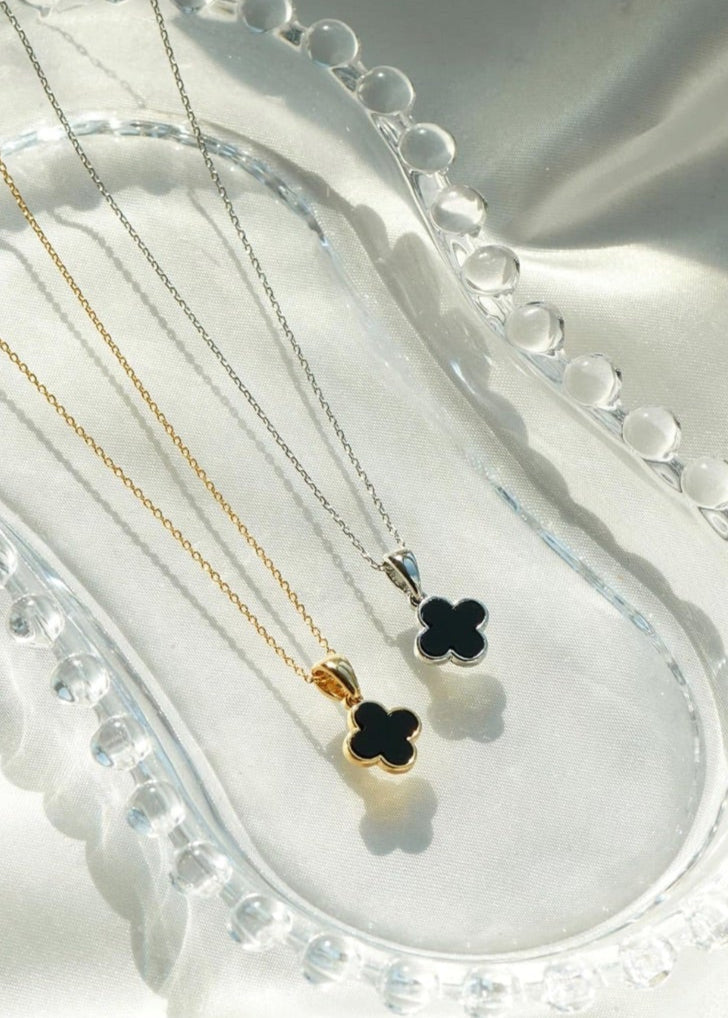 Julia Capri Four Leaf Clover Necklace Dainty Mother of Pearl Black Onyx Crystal Pendant 14K Gold Plated