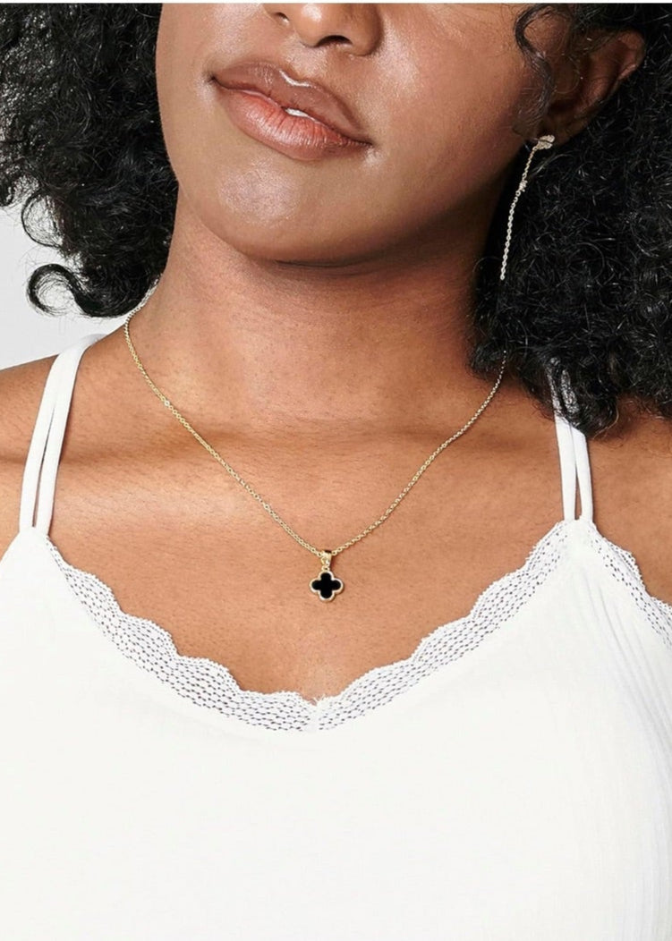 Julia Capri Four Leaf Clover Necklace Dainty Mother of Pearl Black Onyx Crystal Pendant 14K Gold Plated