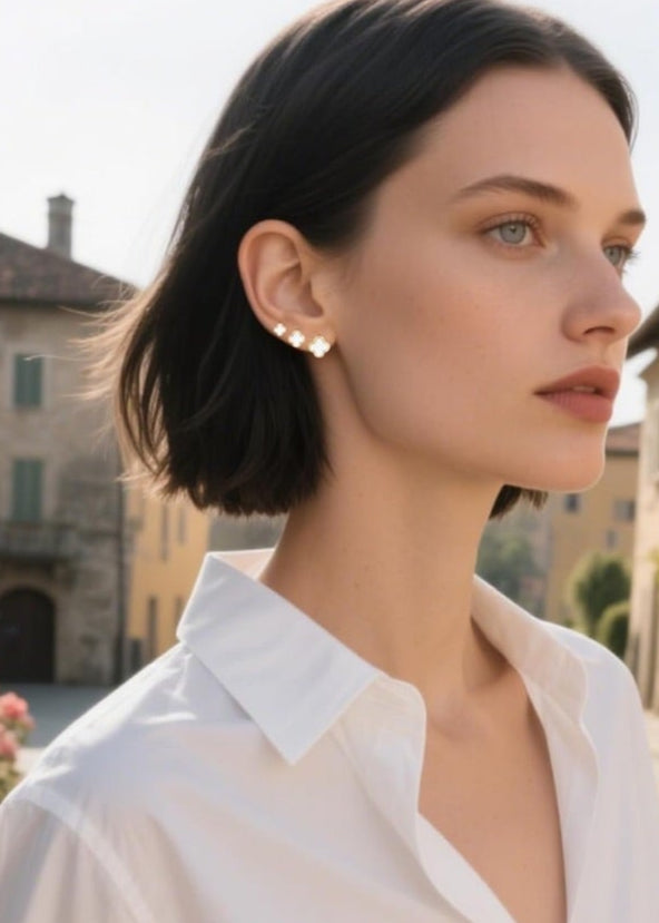 Julia Capri 18K gold-plated 3 pair white four-leaf clover stud earrings