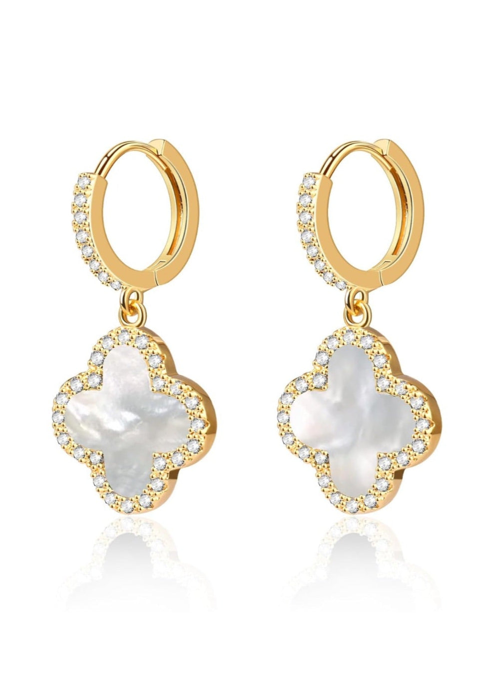 Julia Capri Gold Dangle Earrings, 14K Gold Plated Small Huggie Hoop Earrings with Clover Charms, Dainty Drop Dangle Earrings