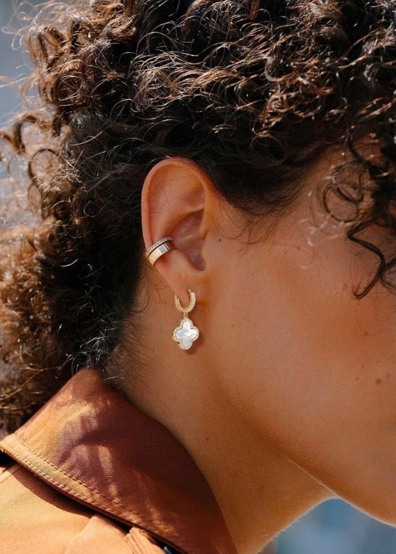 Julia Capri Gold Dangle Earrings, 14K Gold Plated Small Huggie Hoop Earrings with Clover Charms, Dainty Drop Dangle Earrings