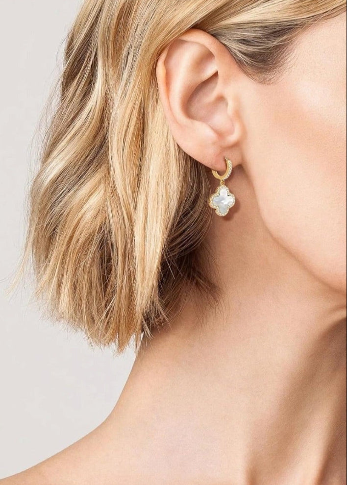 Julia Capri Gold Dangle Earrings, 14K Gold Plated Small Huggie Hoop Earrings with Clover Charms, Dainty Drop Dangle Earrings