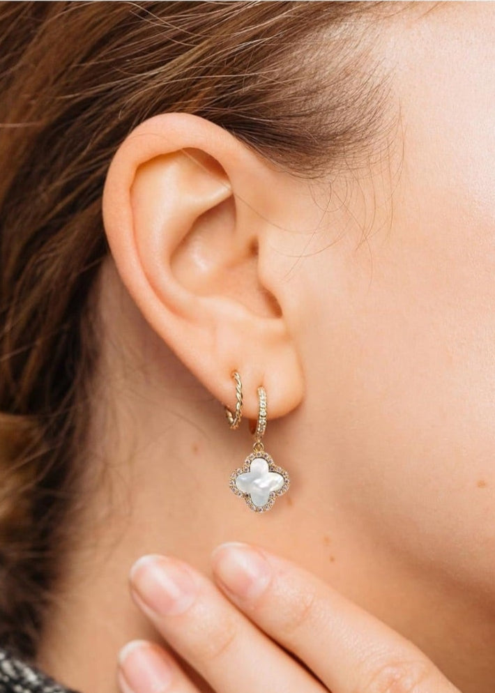 Julia Capri Gold Dangle Earrings, 14K Gold Plated Small Huggie Hoop Earrings with Clover Charms, Dainty Drop Dangle Earrings