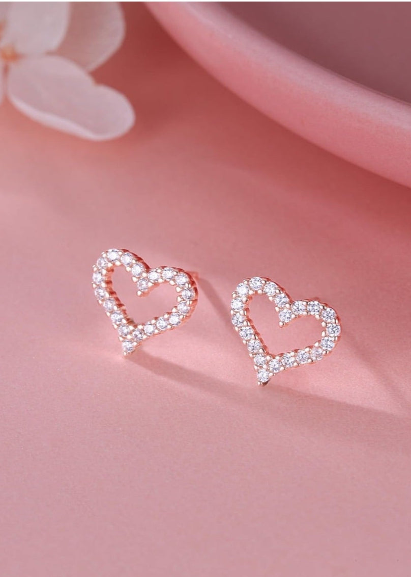 Julia Capri Heart Shape 18K Rose Gold Designer Stud Earrings with White Crystals