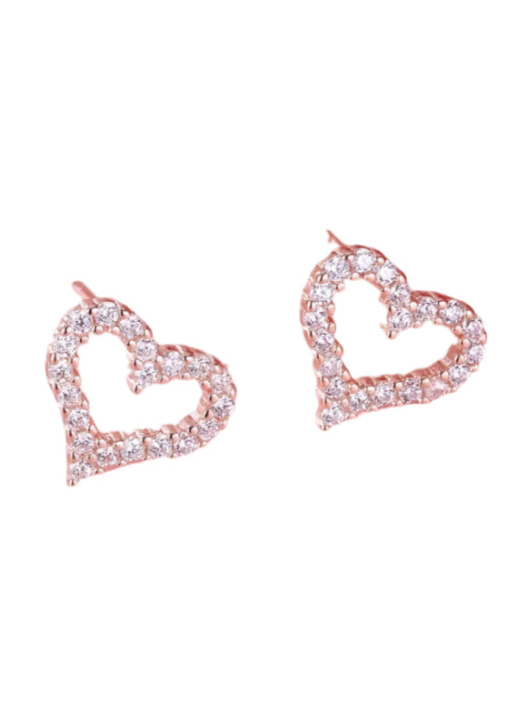 Julia Capri Heart Shape 18K Rose Gold Designer Stud Earrings with White Crystals