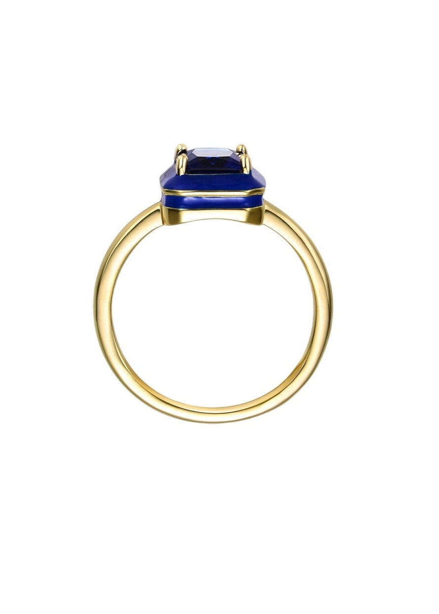 Julia Capri 14k Yellow Gold Plated with Blue Cubic Zirconia Blue Enamel Radiant Halo Ring