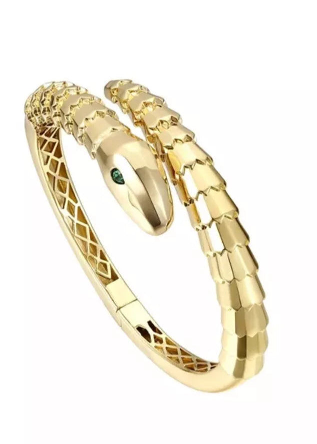 Julia Capri 14k Gold Plated with Green Eyes Cubic Zirconia Textured Coiled Serpent Bracelet
