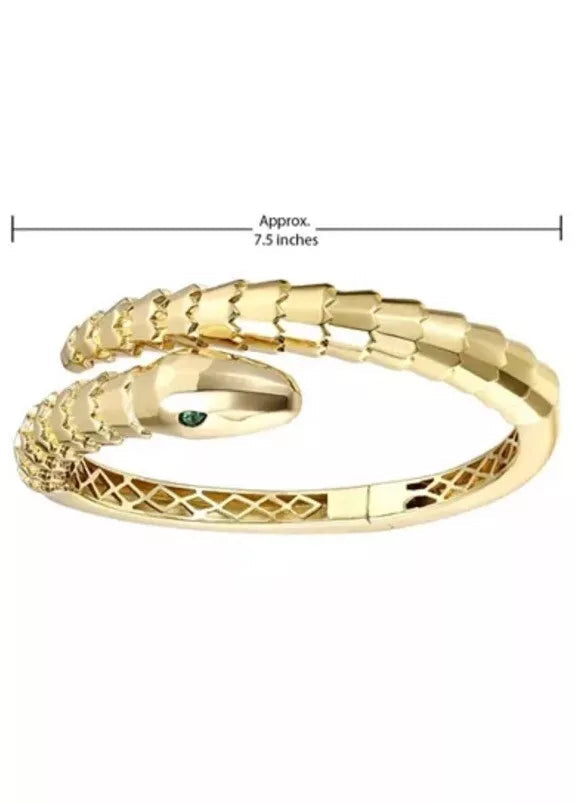Julia Capri 14k Gold Plated with Green Eyes Cubic Zirconia Textured Coiled Serpent Bracelet