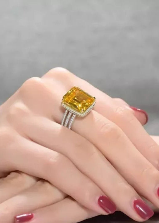 Julia Capri Sterling Silver Ring, White Gold Plated, Yellow Ascher with Round Cubic Zirconia