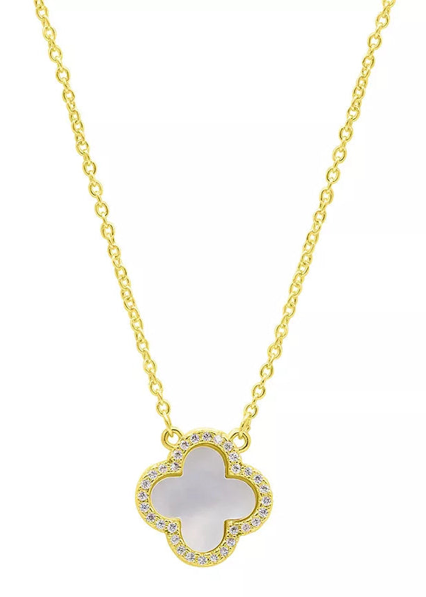Julia Capri 14K Gold-Plated Crystal Halo White Mother-of-Pearl Clover Necklace