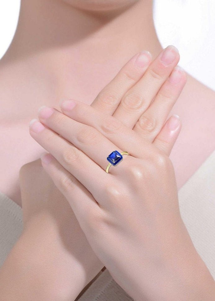 Julia Capri 14k Yellow Gold Plated with Blue Cubic Zirconia Blue Enamel Radiant Halo Ring