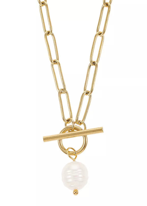 Julia Capri City 14K Rose Gold Plated Freshwater Cultured Pearl Toggle Paperclip Chain Necklace