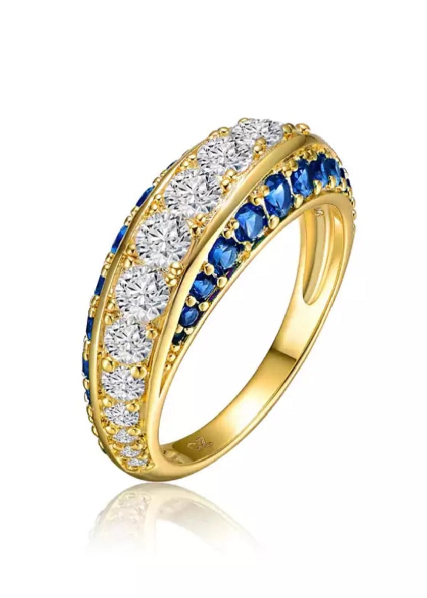 Julia Capri Gold-Plated with Blue Cubic Zirconia Chevron Tower Slender Stacking Ring in Sterling Silver
