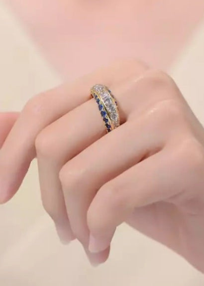 Julia Capri Gold-Plated with Blue Cubic Zirconia Chevron Tower Slender Stacking Ring in Sterling Silver
