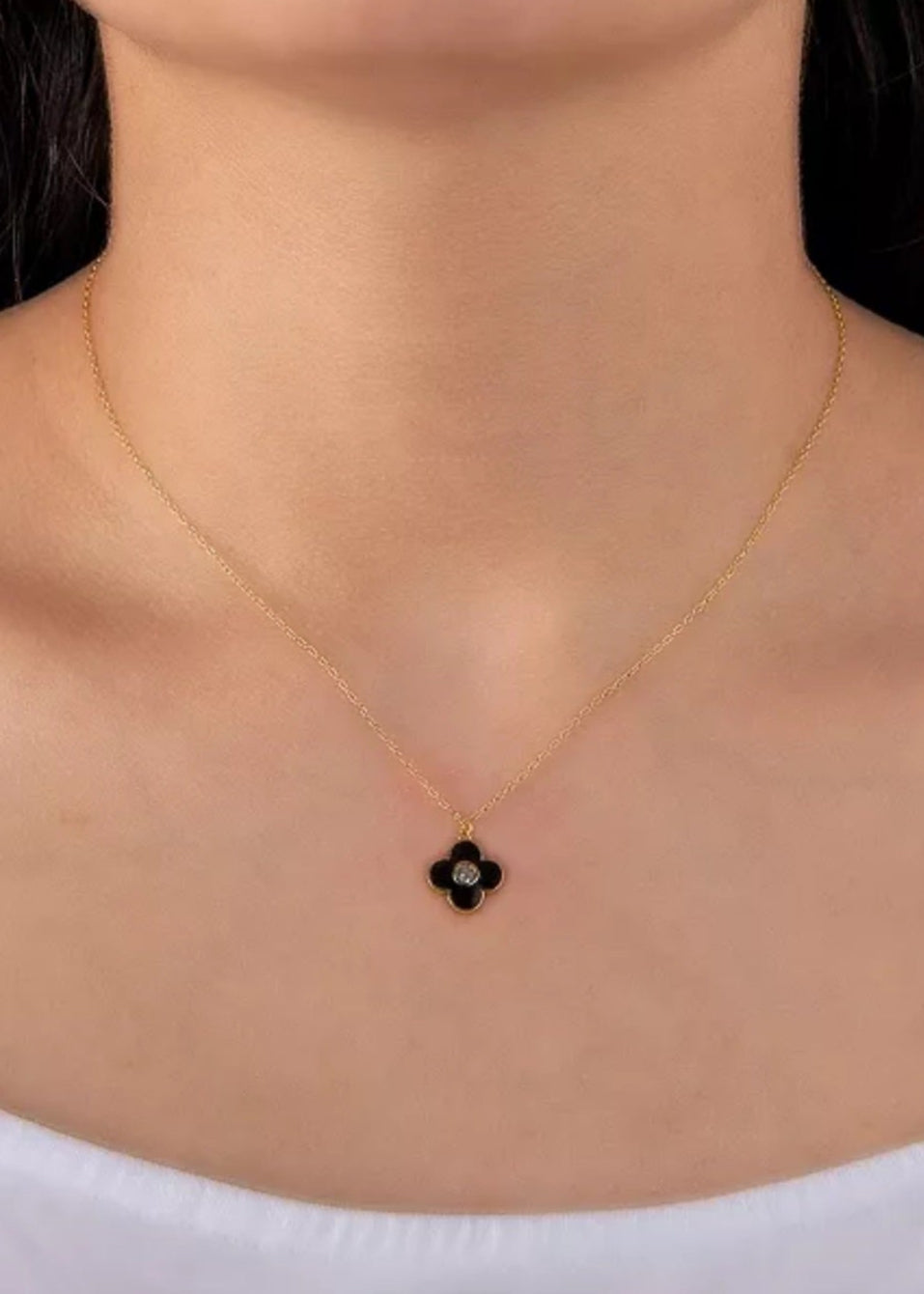 Julia Capri Clear Cubic Zirconia and Black Enameled Clover Pendant