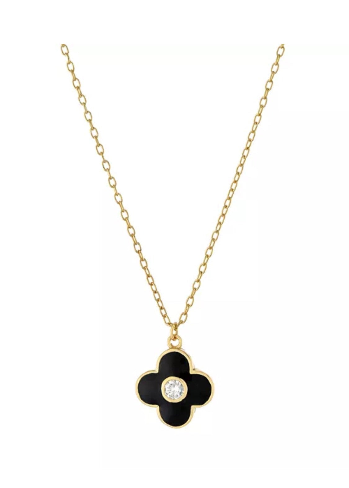 Julia Capri Clear Cubic Zirconia and Black Enameled Clover Pendant