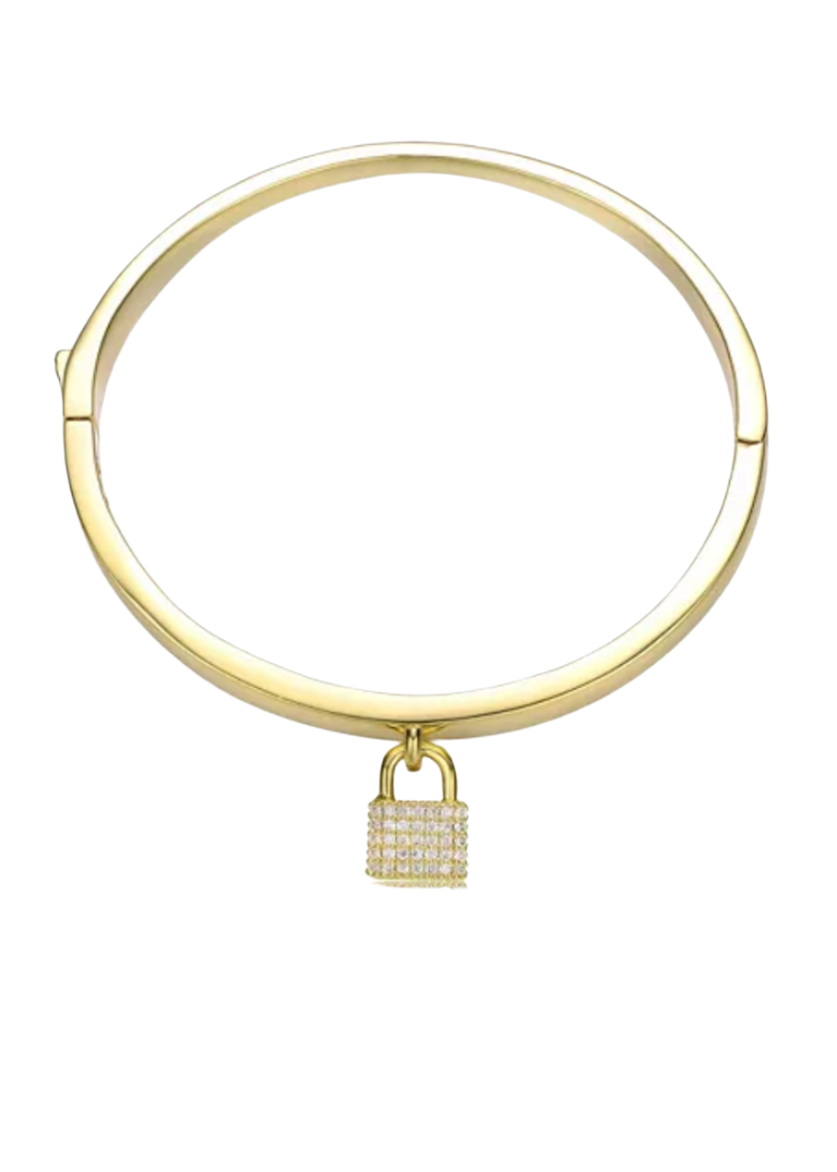 Julia Capri 14k Yellow Gold Plated with Cubic Zirconia Padlock Charm Stacking Bangle Bracelet