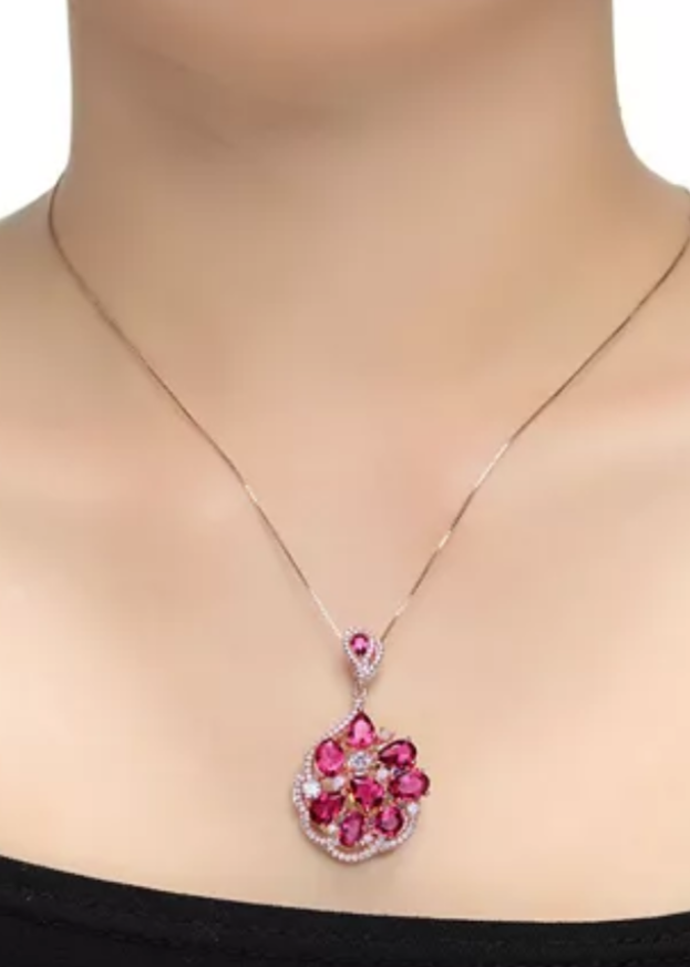 Julia Capri Sterling Silver 18K Rose Gold Plated Multi Color Cubic Zirconia Pendant Necklace