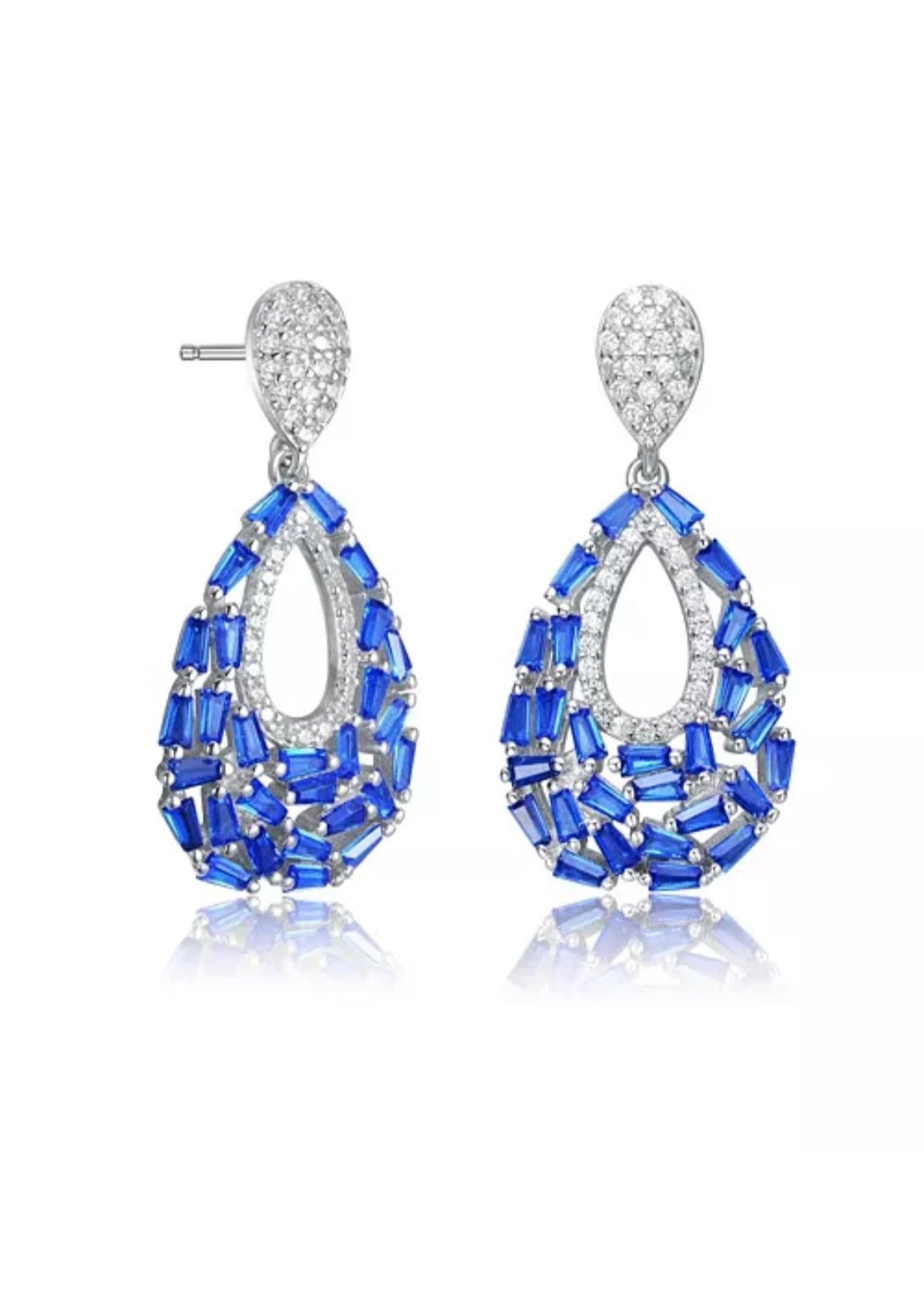 Julia Capri Captivating Sterling Silver Pear Shape Drop Earrings with Baguette and Round Cubic Zirconia