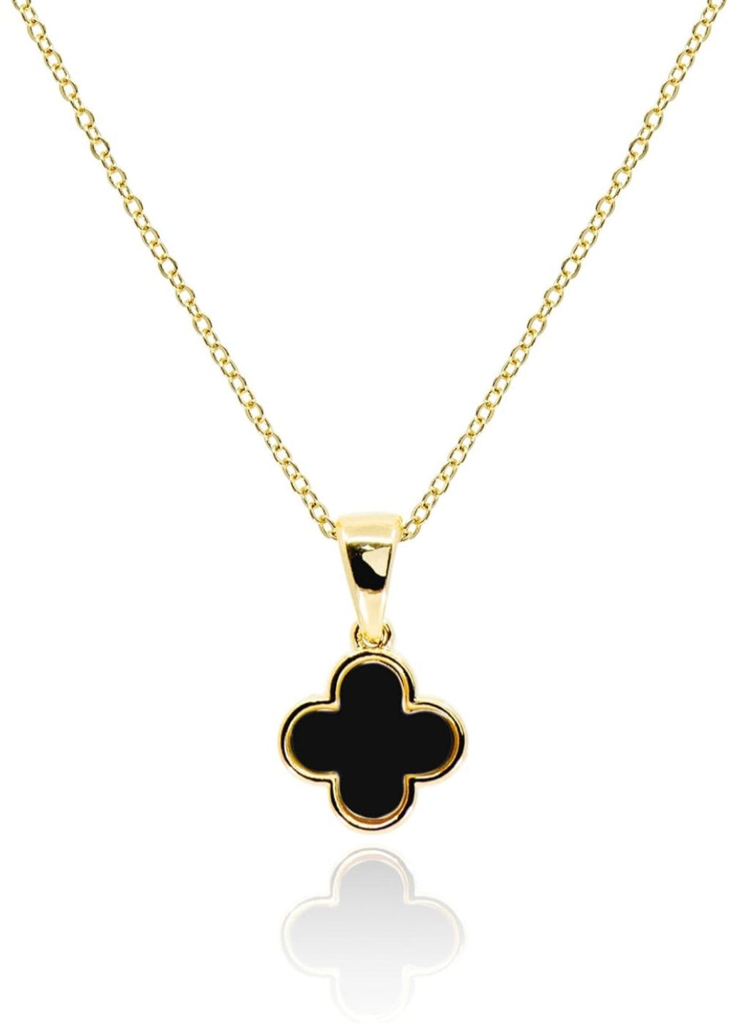 Julia Capri Four Leaf Clover Necklace Dainty Mother of Pearl Black Onyx Crystal Pendant 14K Gold Plated