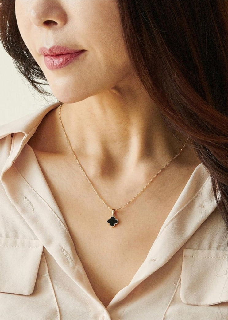 Julia Capri Four Leaf Clover Necklace Dainty Mother of Pearl Black Onyx Crystal Pendant 14K Gold Plated