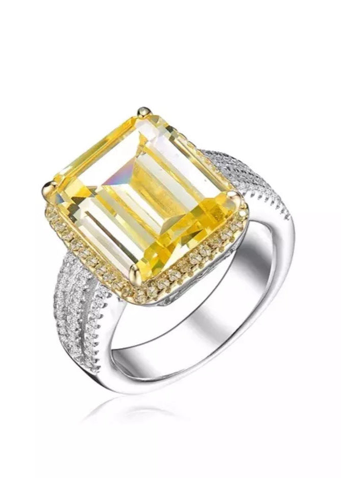 Julia Capri Sterling Silver Ring, White Gold Plated, Yellow Ascher with Round Cubic Zirconia