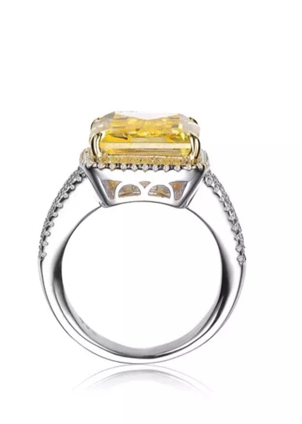 Julia Capri Sterling Silver Ring, White Gold Plated, Yellow Ascher with Round Cubic Zirconia